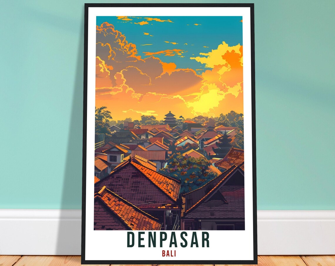 Denpasar Bali Rooftops Golden Sunset Pagoda Illustrated Art Poster