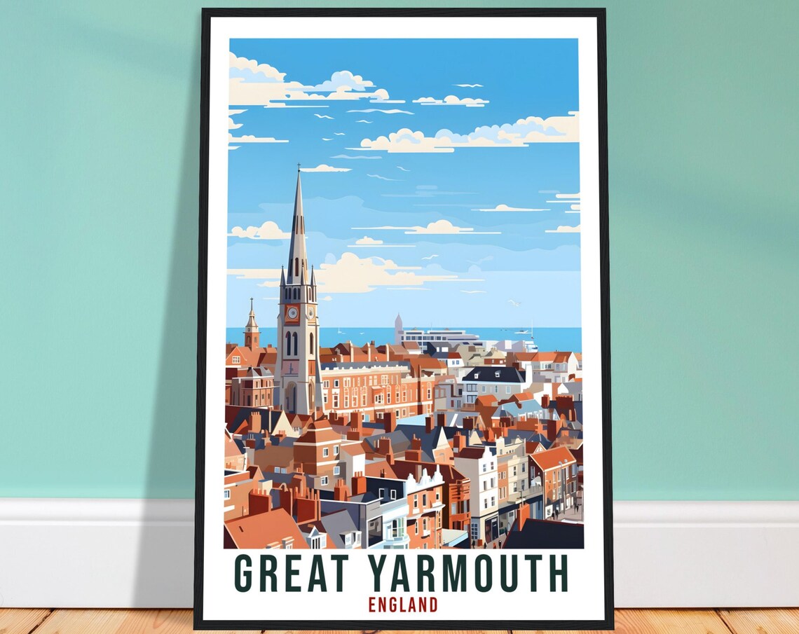 Great Yarmouth England Rooftops Church Spire Seaside Travel Poster