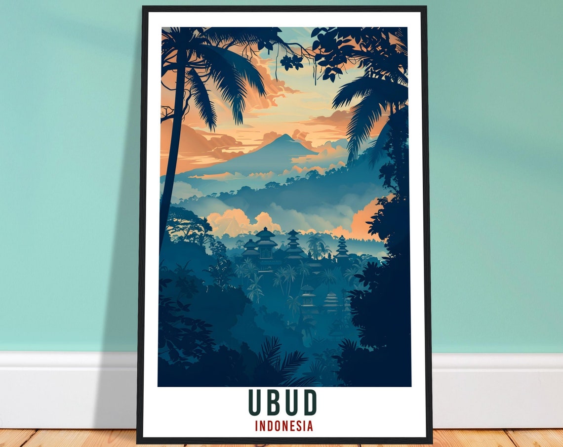Ubud Indonesia Misty Jungle Temple Volcano Dusk Illustrated Poster