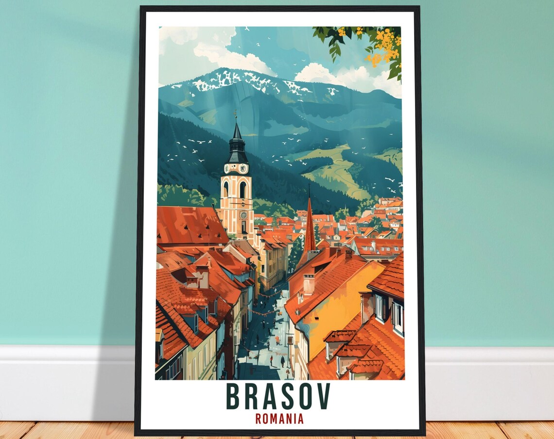 Brasov Romania Old Town Red Rooftops Snowy Mountain Travel Poster