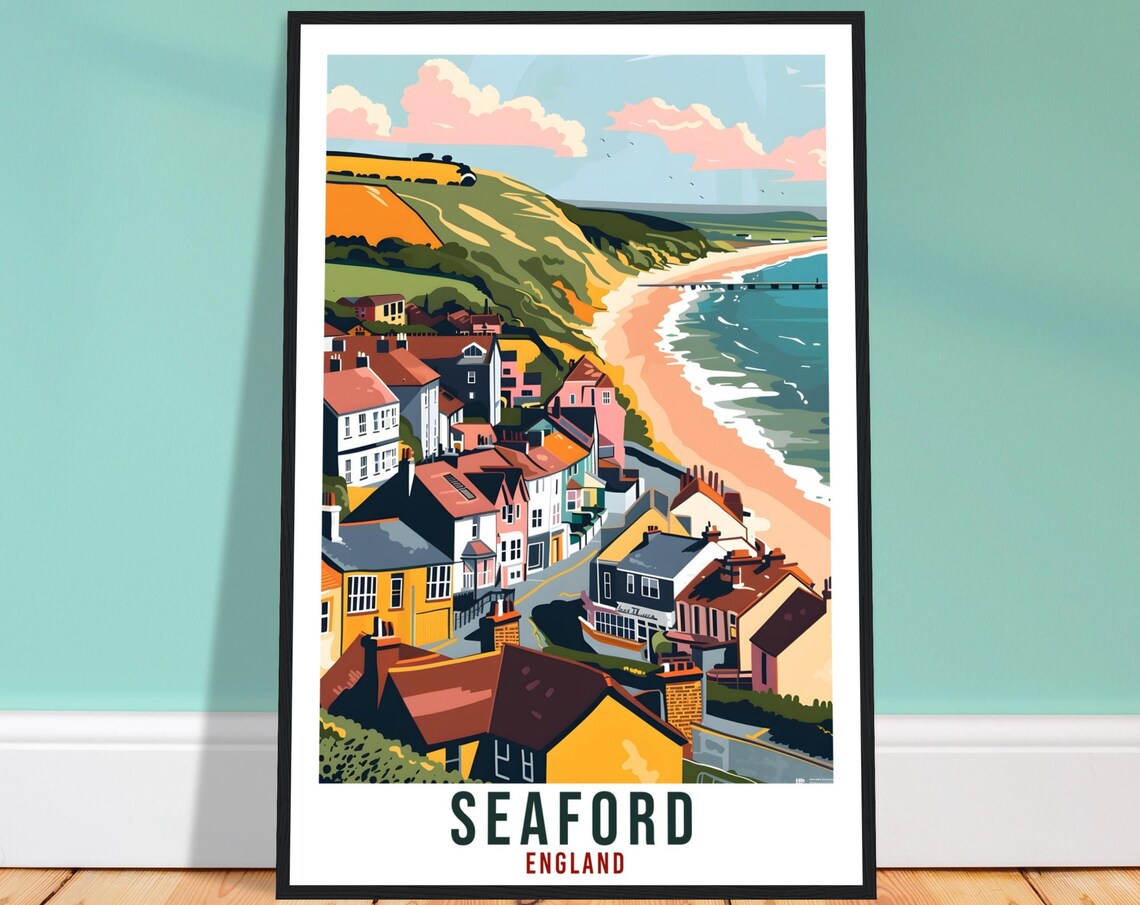 Seaford England Cliff Beach Town Seaside Vintage Travel Poster