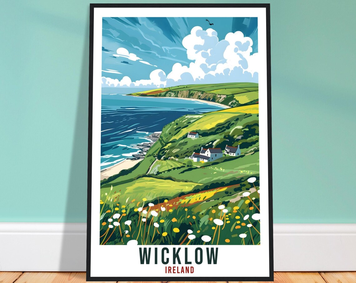 Wicklow Ireland Green Coastal Cliffs Meadow Vintage Travel Poster