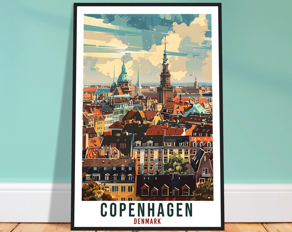 Copenhagen Colorful Rooftops Historic Towers Denmark Travel Poster