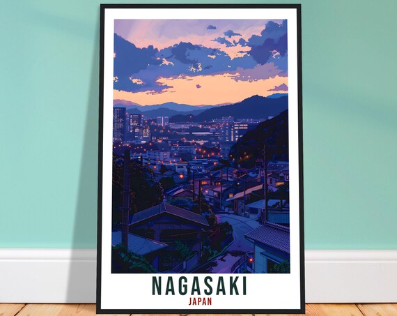 Nagasaki Japan Dusk City Lights Hillside Homes Travel Poster