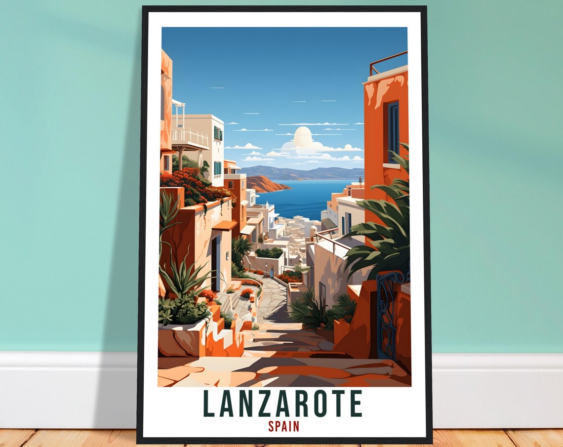 Lanzarote Spain Sunlit Old Town Alley to the Sea Coastal Travel Poster