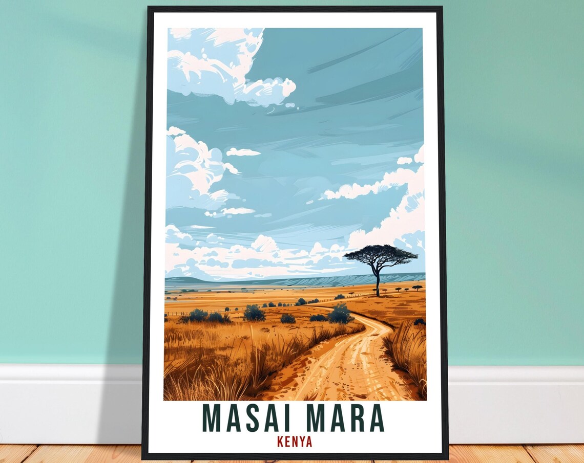 Masai Mara Kenya Golden Savanna Dirt Road Acacia Safari Poster