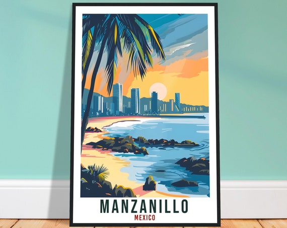 Manzanillo Mexico Pacific City Skyline Beach Rocks Sunset Palms Poster