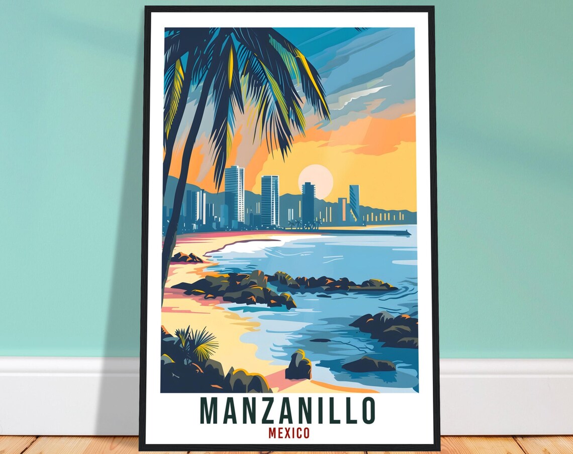 Manzanillo Mexico Pacific City Skyline Beach Rocks Sunset Palms Poster