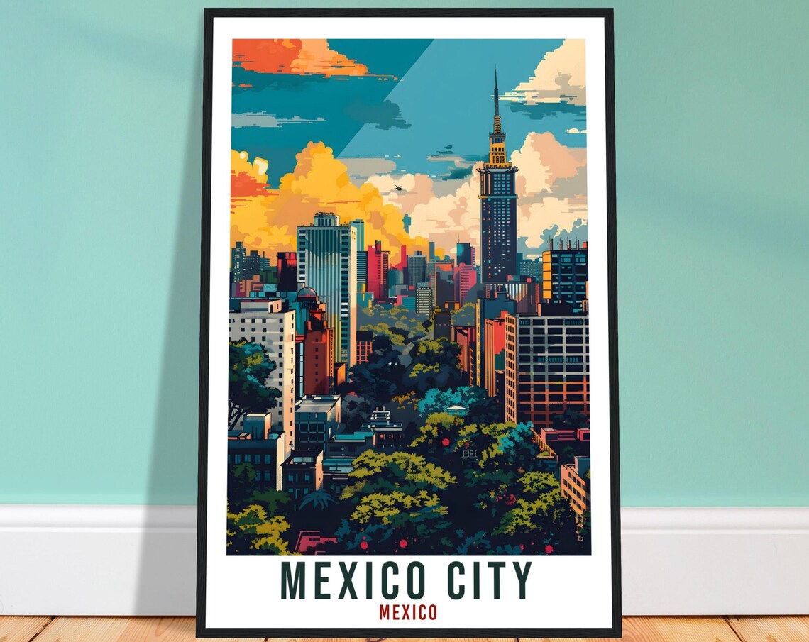 Mexico City Skyline Torre Latinoamericana Sunset Scene Poster Art