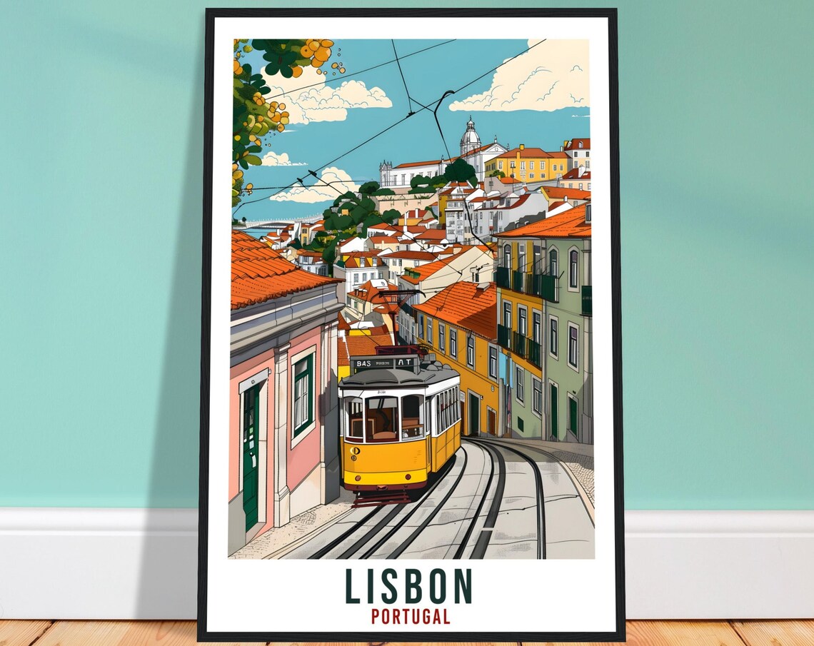Lisbon Portugal Yellow Tram Street Hill Vintage Travel Poster
