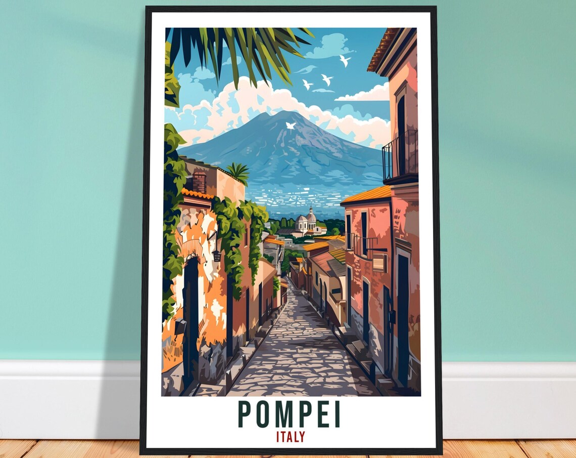 Pompei Italy Mount Vesuvius Street Scene Vintage Travel Poster