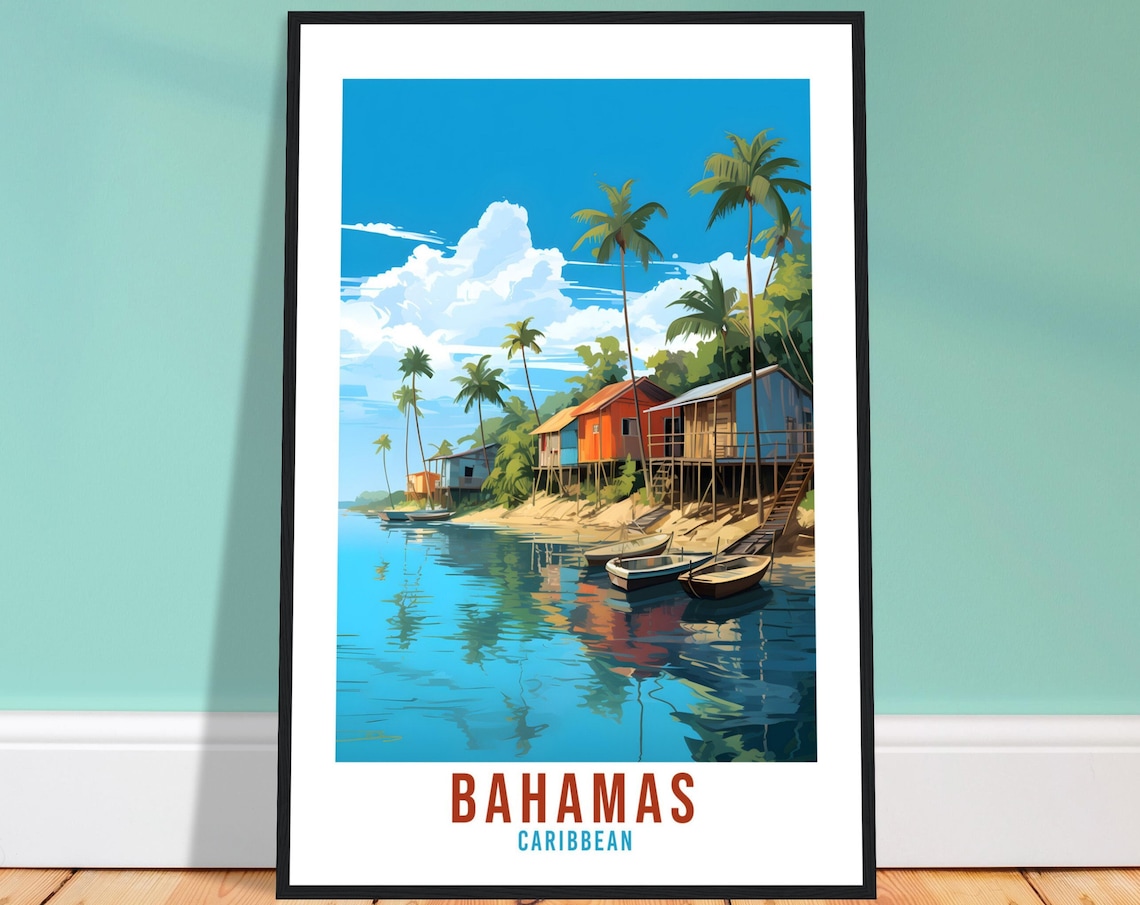 Bahamas Caribbean Stilt Fishing Village Palm Lagoon Travel Poster
