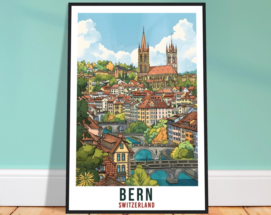 Bern Switzerland Old Town Bridges Cathedral River Travel Poster