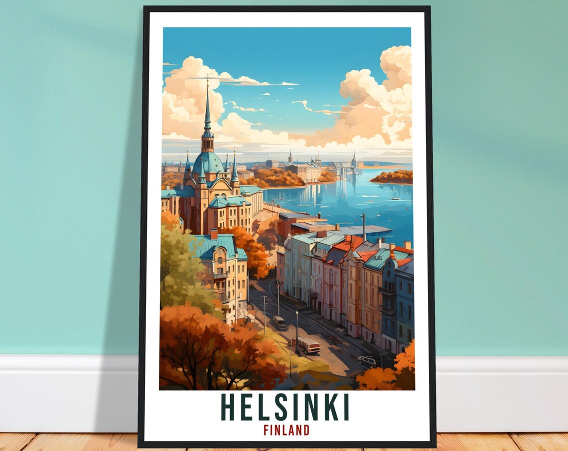 Helsinki Finland Autumn City Vintage Travel Illustration Poster