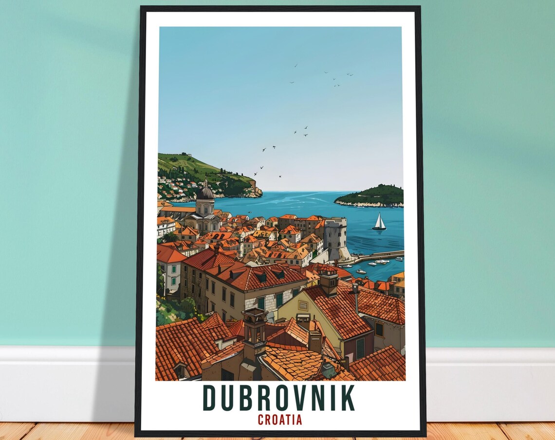 Dubrovnik Croatia Old Town Walls Coast Vintage Style Travel Poster