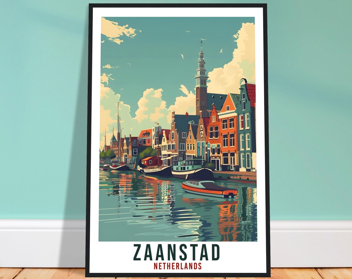Zaanstad Netherlands Canal Boats Church Tower Vintage Travel Poster
