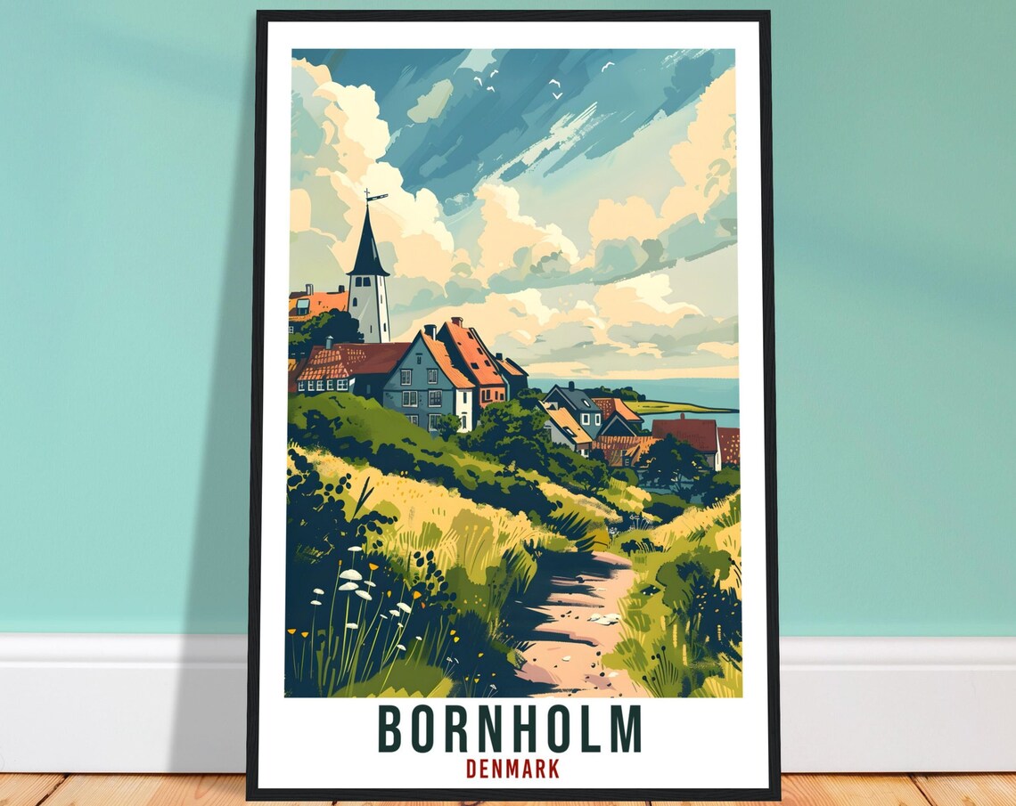 Bornholm Island Village Church Wildflower Meadow Denmark Travel Poster