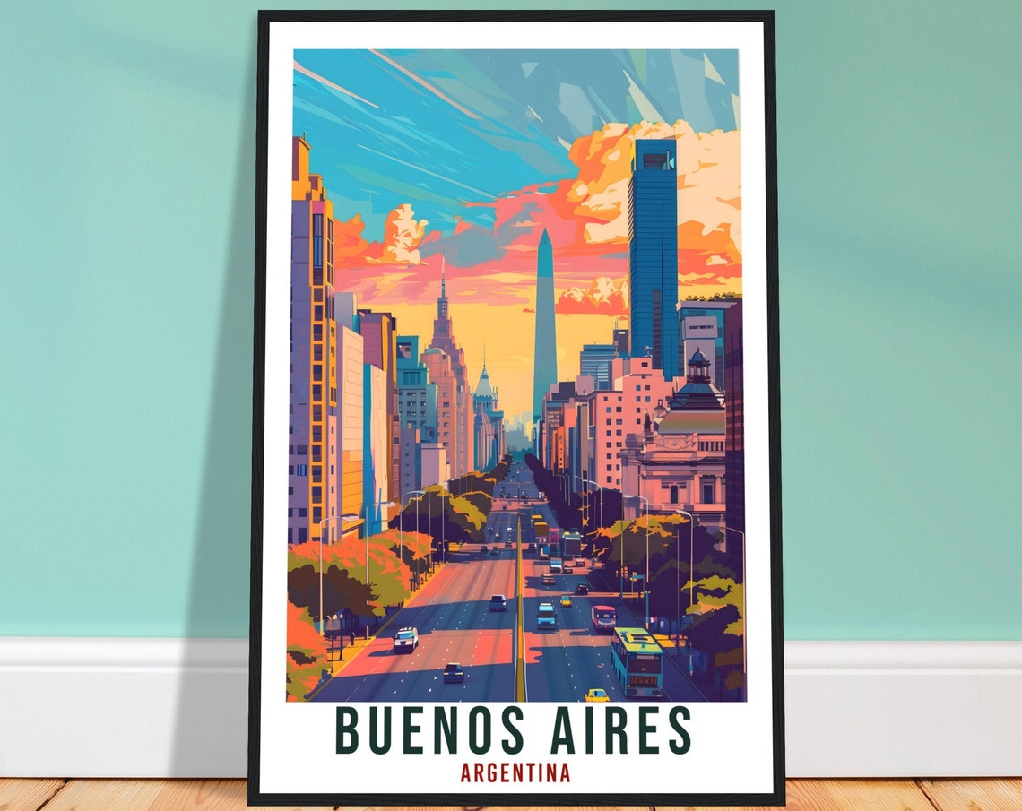Buenos Aires Argentina Grand Avenue Obelisk Vintage Travel Poster