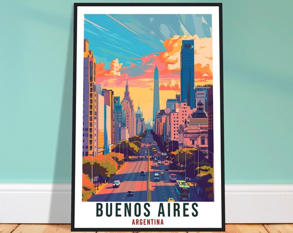 Buenos Aires Argentina Grand Avenue Obelisk Vintage Travel Poster