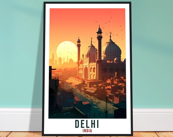 Delhi India Old Mosque Sunset City Skyline Vintage Travel Poster