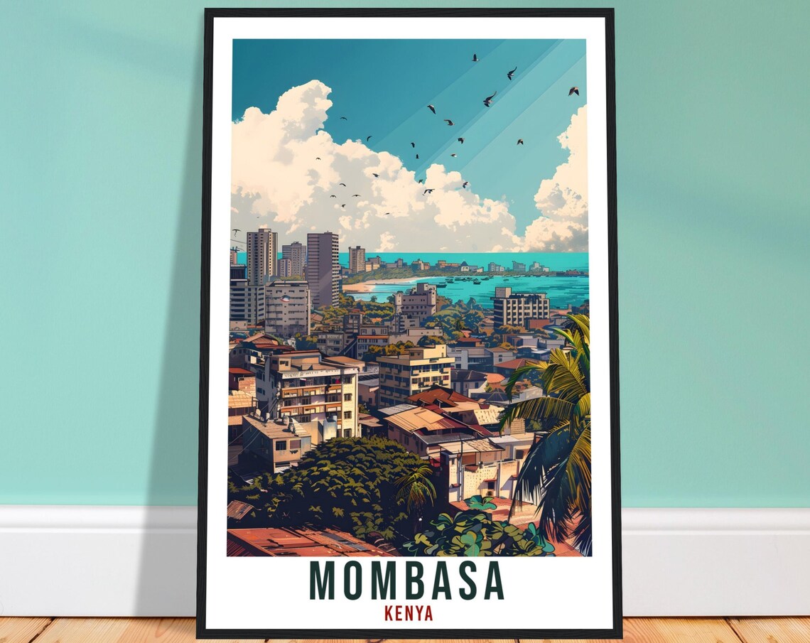 Mombasa Kenya Coastal Skyline Ocean Birds Vintage Travel Poster