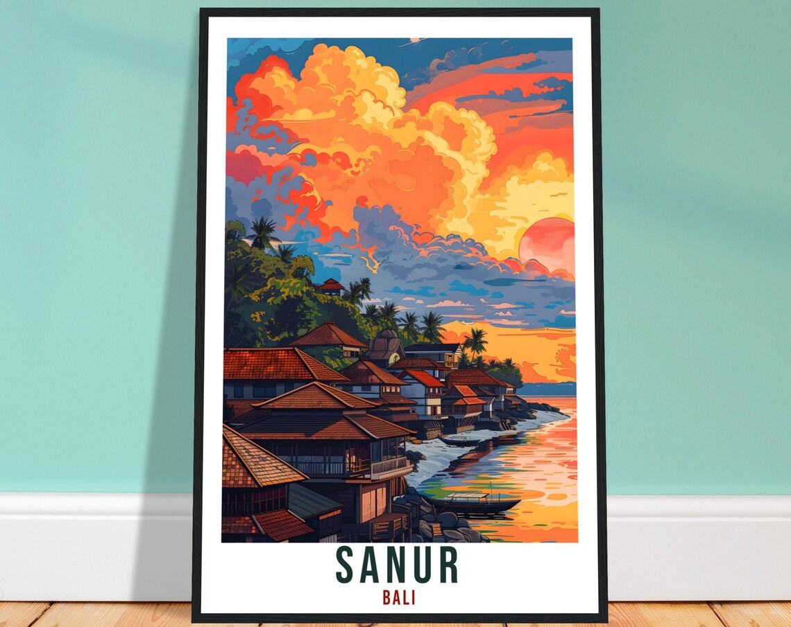 Sanur Bali Sunset Harbor Houses Boats Illustrated Travel Poster