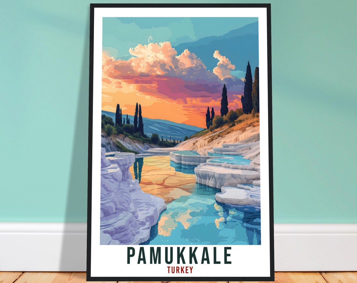Pamukkale Turkey White Travertine Terraces Sunset Pools Travel Poster