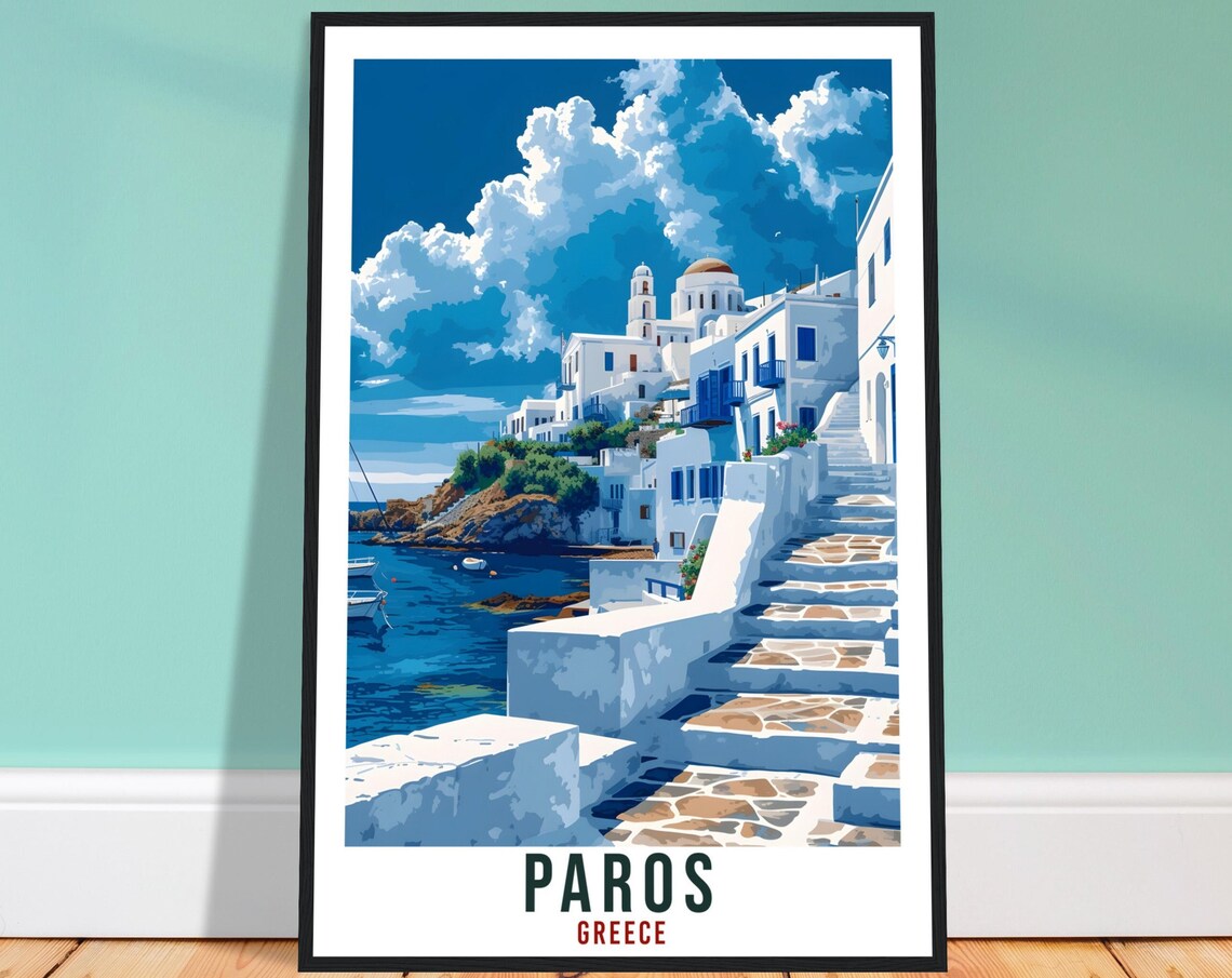 Paros Greece Whitewashed Houses Overlooking the Harbor Travel Poster