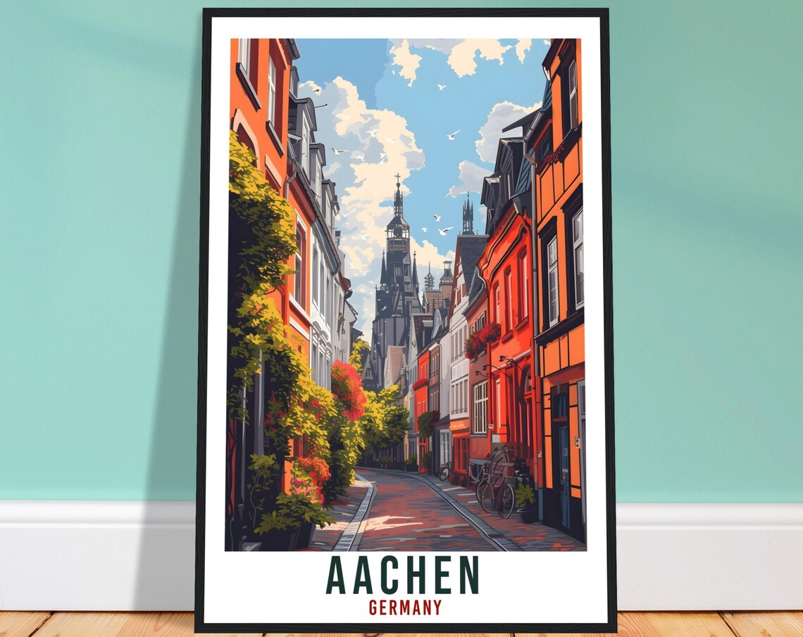 Aachen Germany Vintage Travel Poster Old Town Street Cathedral