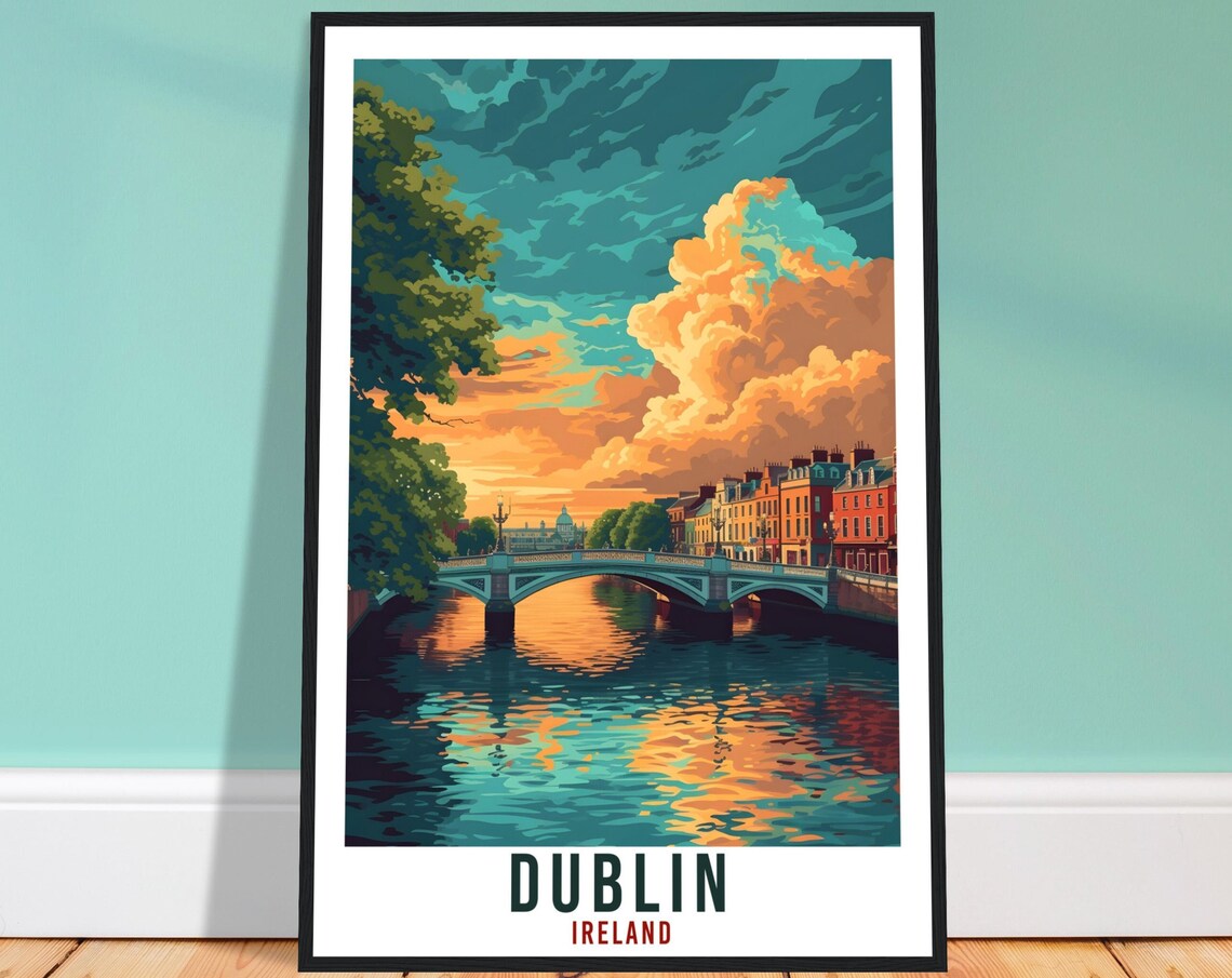Dublin Ireland River Bridge Sunset City Reflections Travel Poster