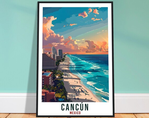 Cancun Mexico Beach Skyline Sunset Ocean Waves Travel Poster