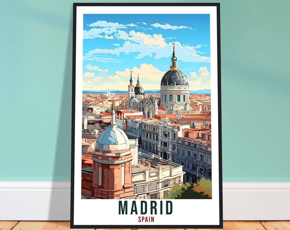 Madrid Spain Travel Poster Old Town Domes Rooftop Skyline View