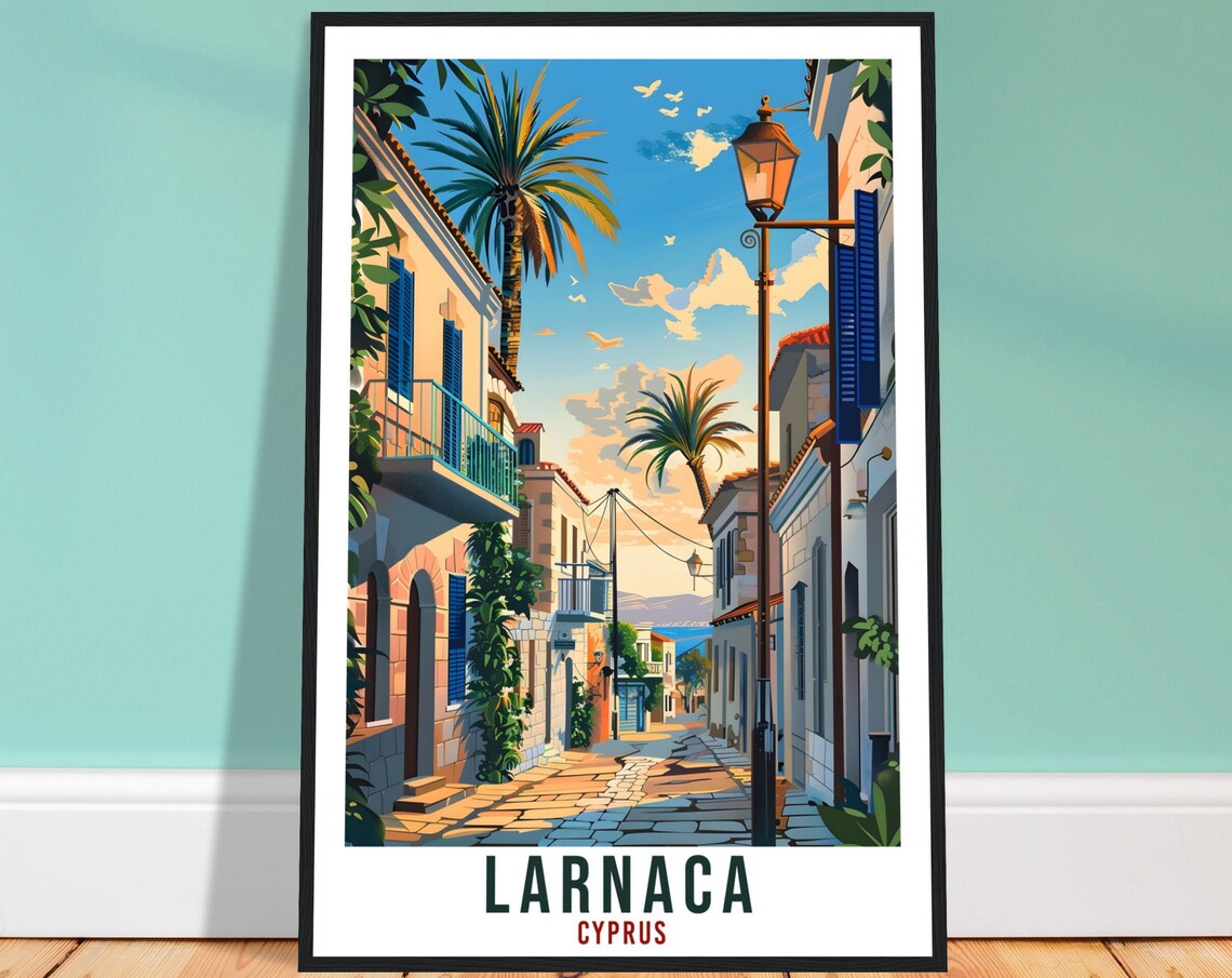 Larnaca Cyprus Shuttered Lane Streetlamp Palm Sky Travel Poster