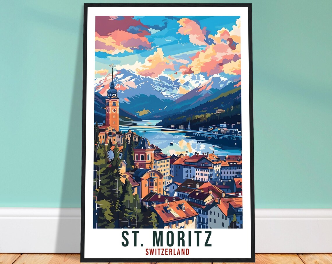St Moritz Switzerland Alpine Lake Mountain Town Sunset Poster