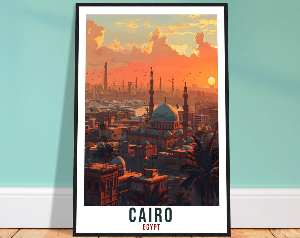 Cairo Egypt Mosque Domes Minarets Orange Sunset City Travel Poster