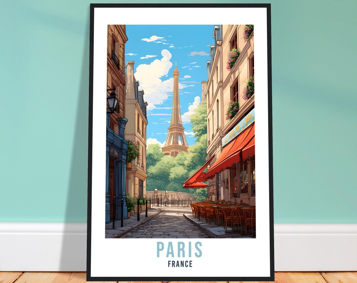 Paris France Vintage Travel Poster Eiffel Tower Street Cafe View