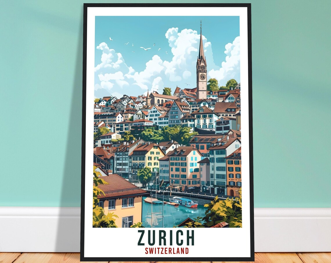 Zurich Switzerland Old Town Church Spire Riverfront Travel Poster