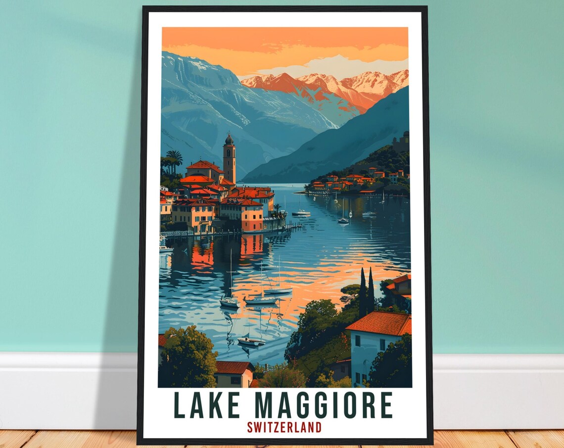 Lake Maggiore Switzerland Sunset Lakeside Village Sailboats Poster