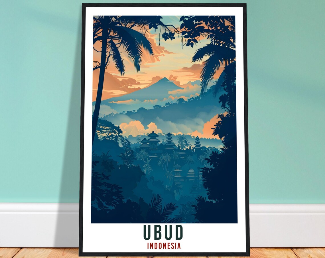 Ubud Indonesia Volcano Sunrise Temple Silhouettes Travel Poster