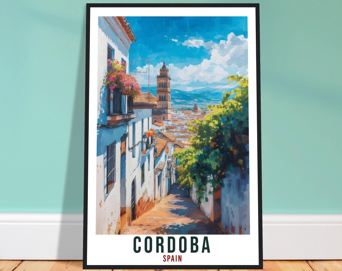 Cordoba Spain White Alley Flowered Retro Bell Tower Travel Poster