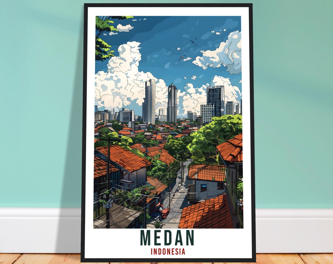 Medan Indonesia City Skyline Over Rooftops Retro Travel Poster