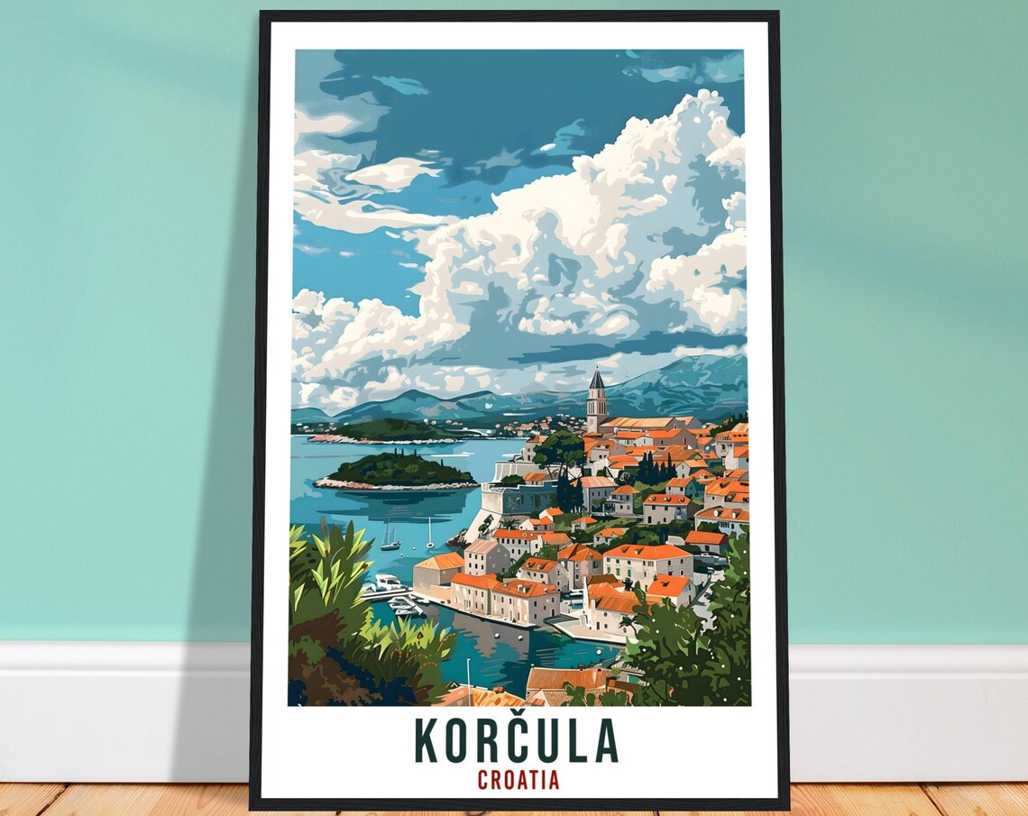 Korcula Croatia Island Bay Old Town Vintage Style Travel Poster
