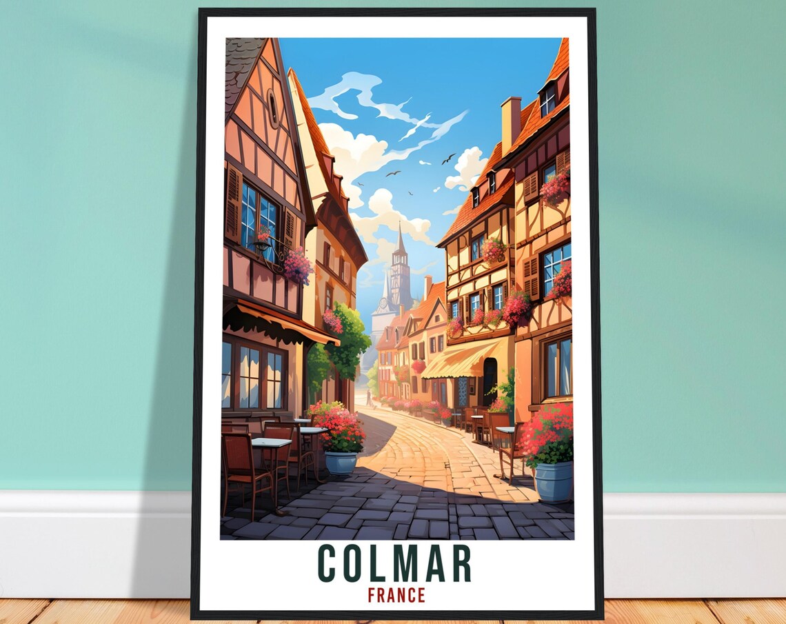 Colmar France Half Timbered Street Cafe Vintage Travel Poster