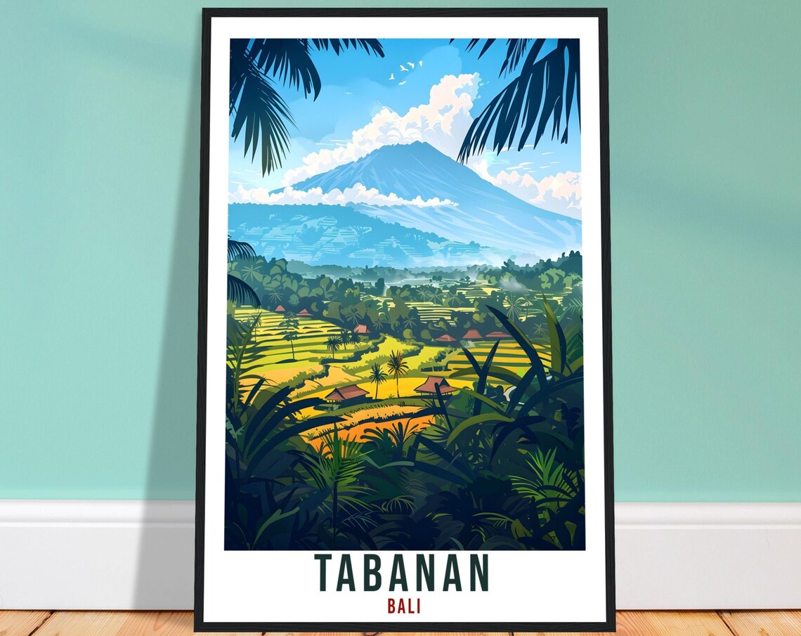 Tabanan Bali Daytime Rice Terraces Volcano Illustrated Art Poster
