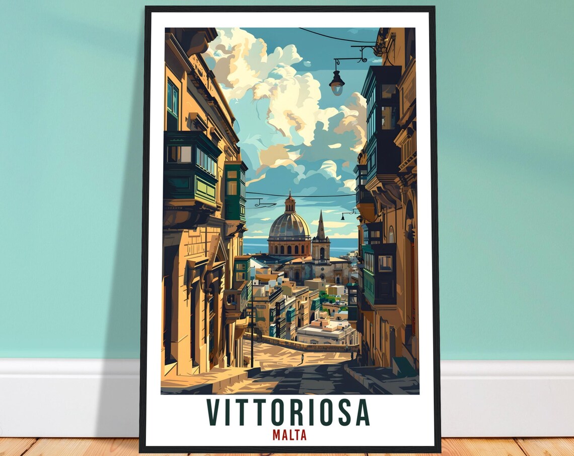 Vittoriosa Malta Old Town Street Domed Church Retro Travel Poster
