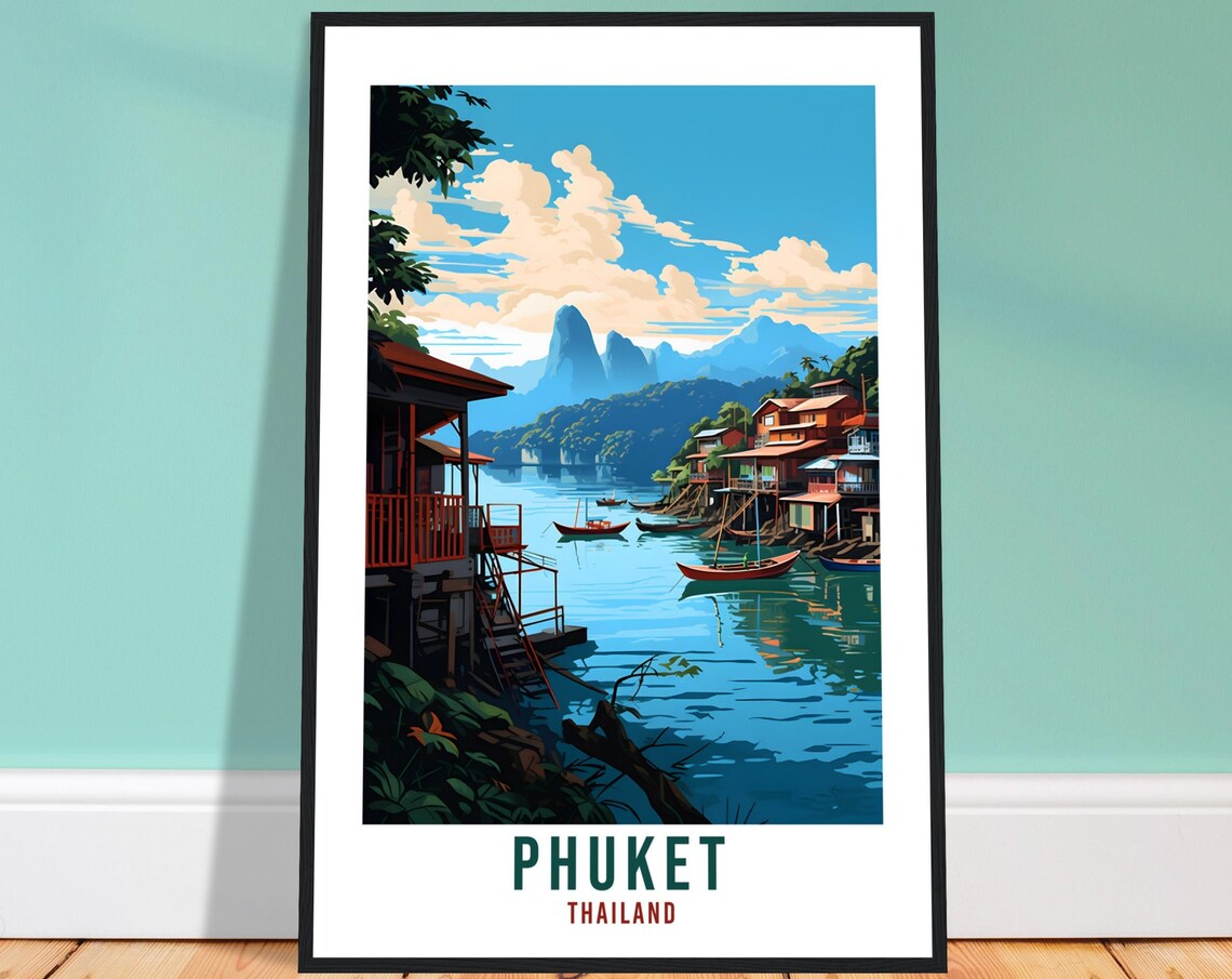 Phuket Thailand Stilt Houses Lagoon Longtail Boats Tropical Poster