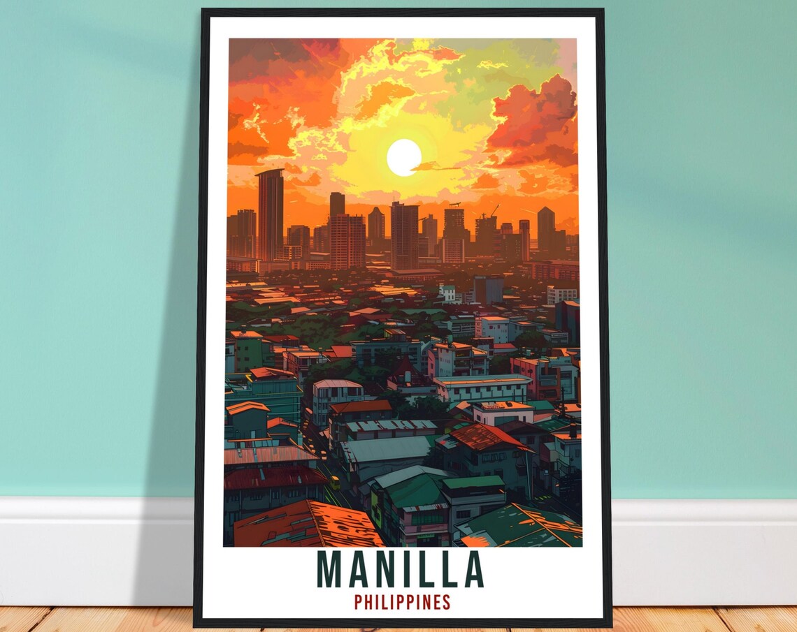 Manilla Philippines Sunset City Skyline Warm Orange Glow Travel Poster