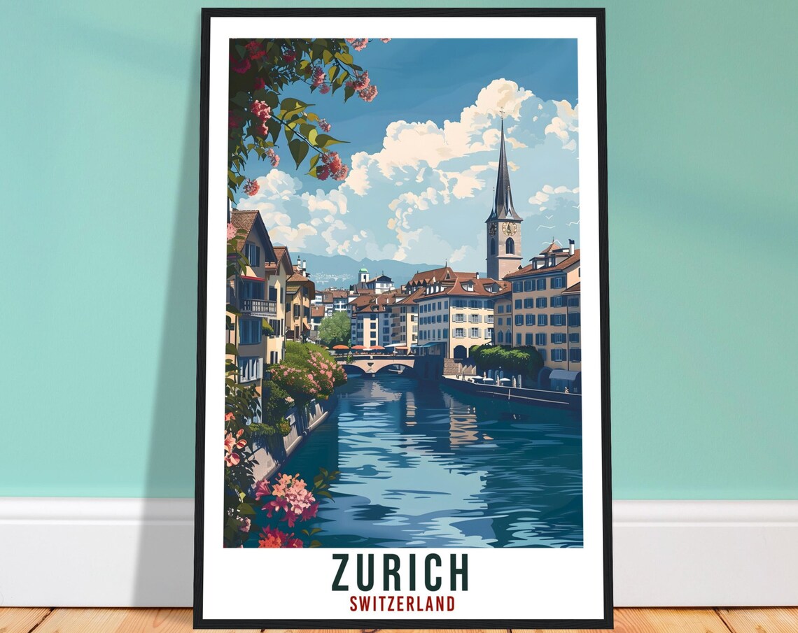 Zurich Switzerland Travel Poster Riverside Old Town Church Spire View