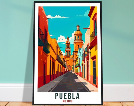 Puebla Mexico Colorful Colonial Street Church Towers Travel Poster