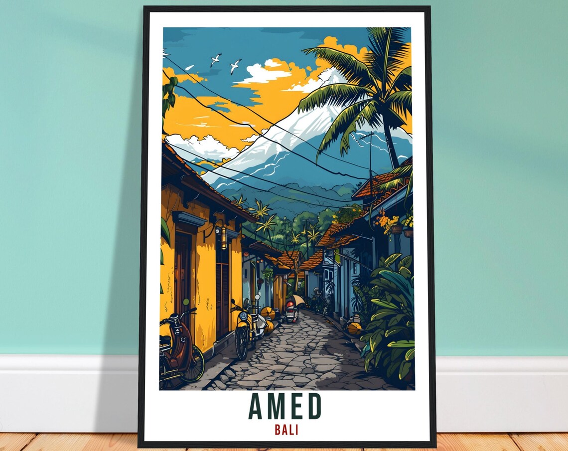 Amed Bali Volcano Street Vintage Illustrated Travel Art Poster